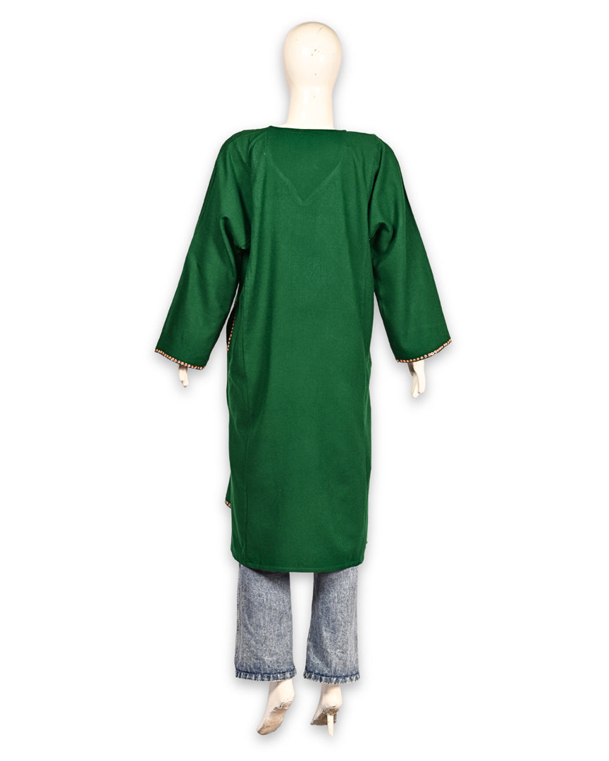 Bottle Green Cashmilon Wool Zari Embroidered Kashmiri Pheran - Pehnava