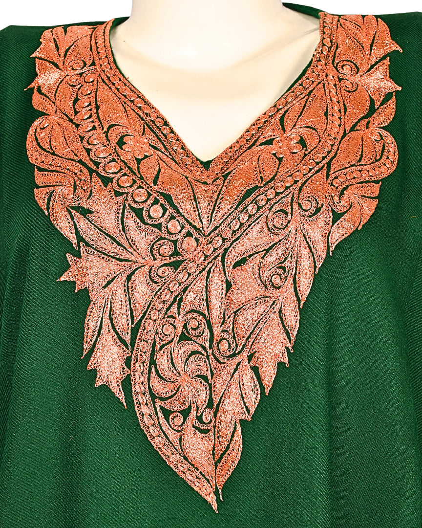 Bottle Green Cashmilon Wool Zari Embroidered Kashmiri Pheran - Pehnava