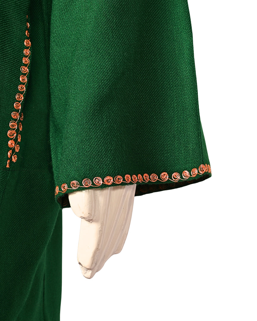 Bottle Green Cashmilon Wool Zari Embroidered Kashmiri Pheran - Pehnava