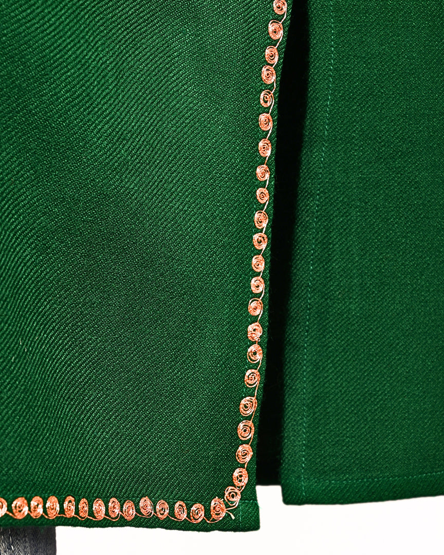 Bottle Green Cashmilon Wool Zari Embroidered Kashmiri Pheran - Pehnava