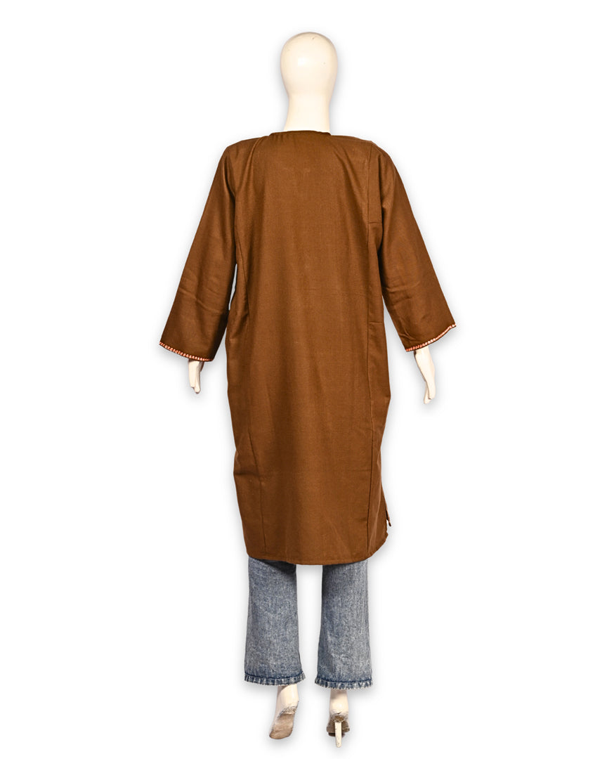 Chocolate Brown Cashmilon Wool Zari Embroidered Kashmiri Pheran - Pehnava