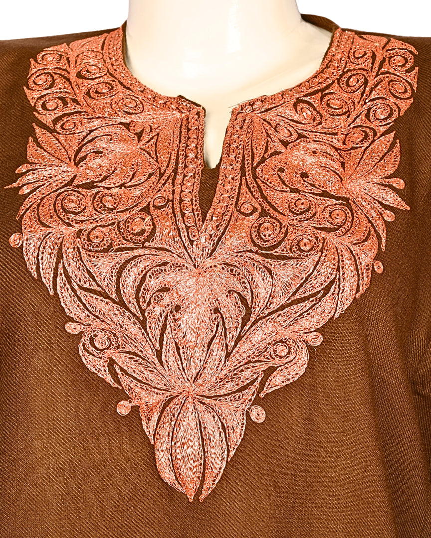 Chocolate Brown Cashmilon Wool Zari Embroidered Kashmiri Pheran - Pehnava