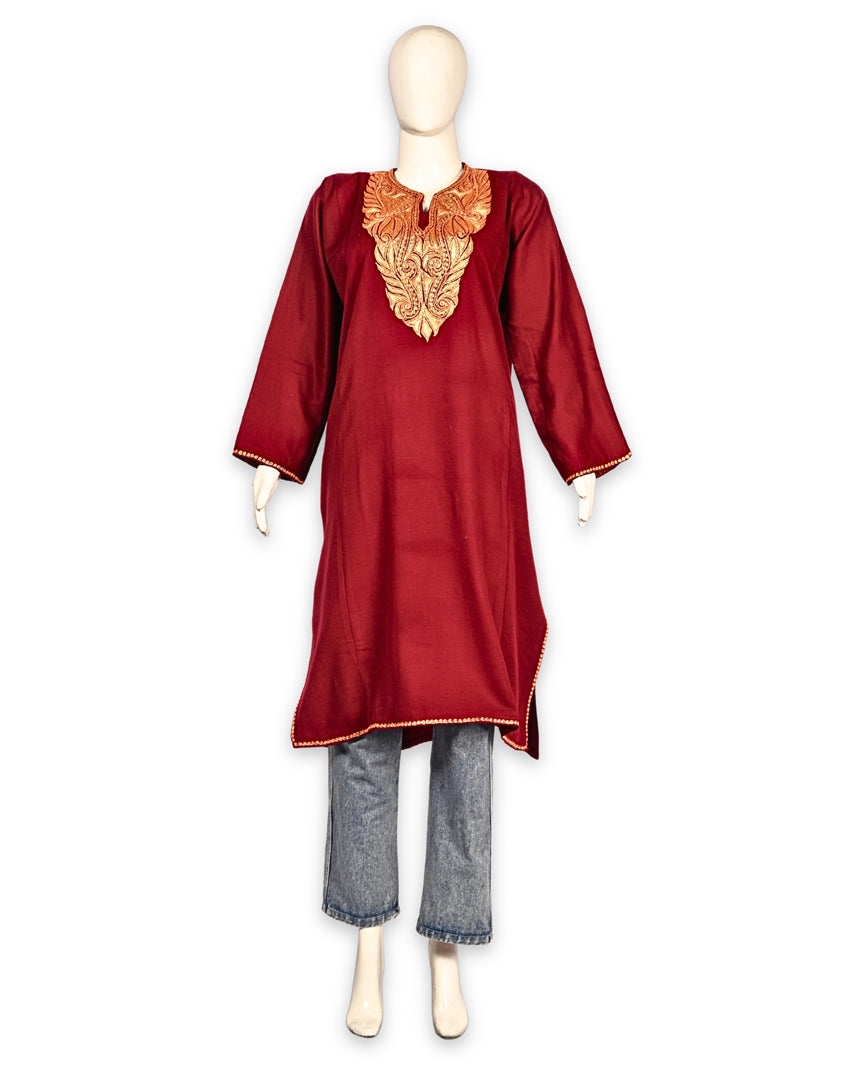 Deep Red Cashmilon Wool Zari Embroidered Kashmiri Pheran - Pehnava