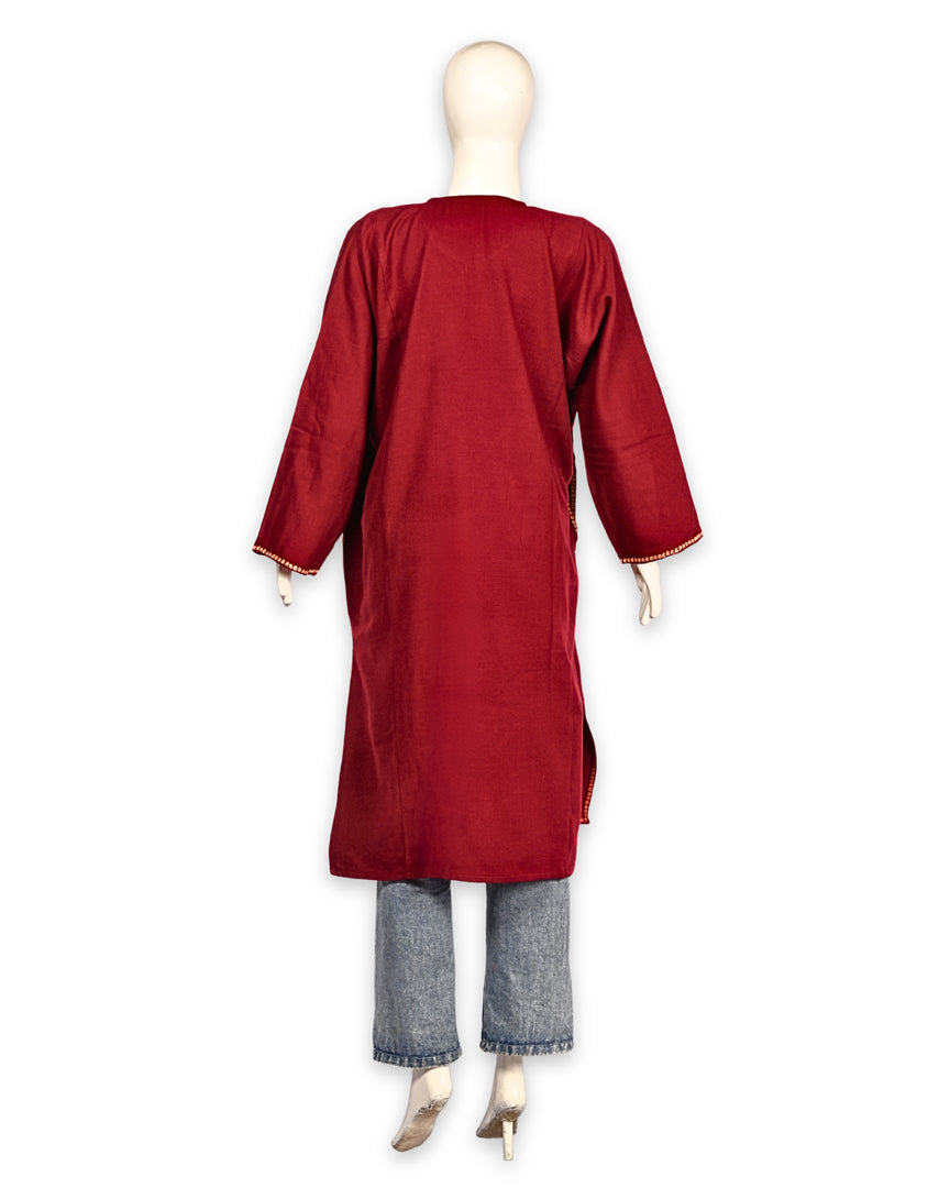 Deep Red Cashmilon Wool Zari Embroidered Kashmiri Pheran - Pehnava