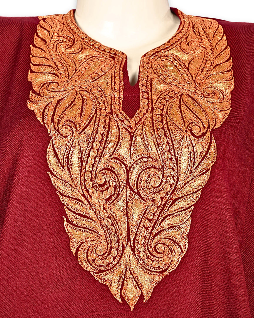 Deep Red Cashmilon Wool Zari Embroidered Kashmiri Pheran - Pehnava