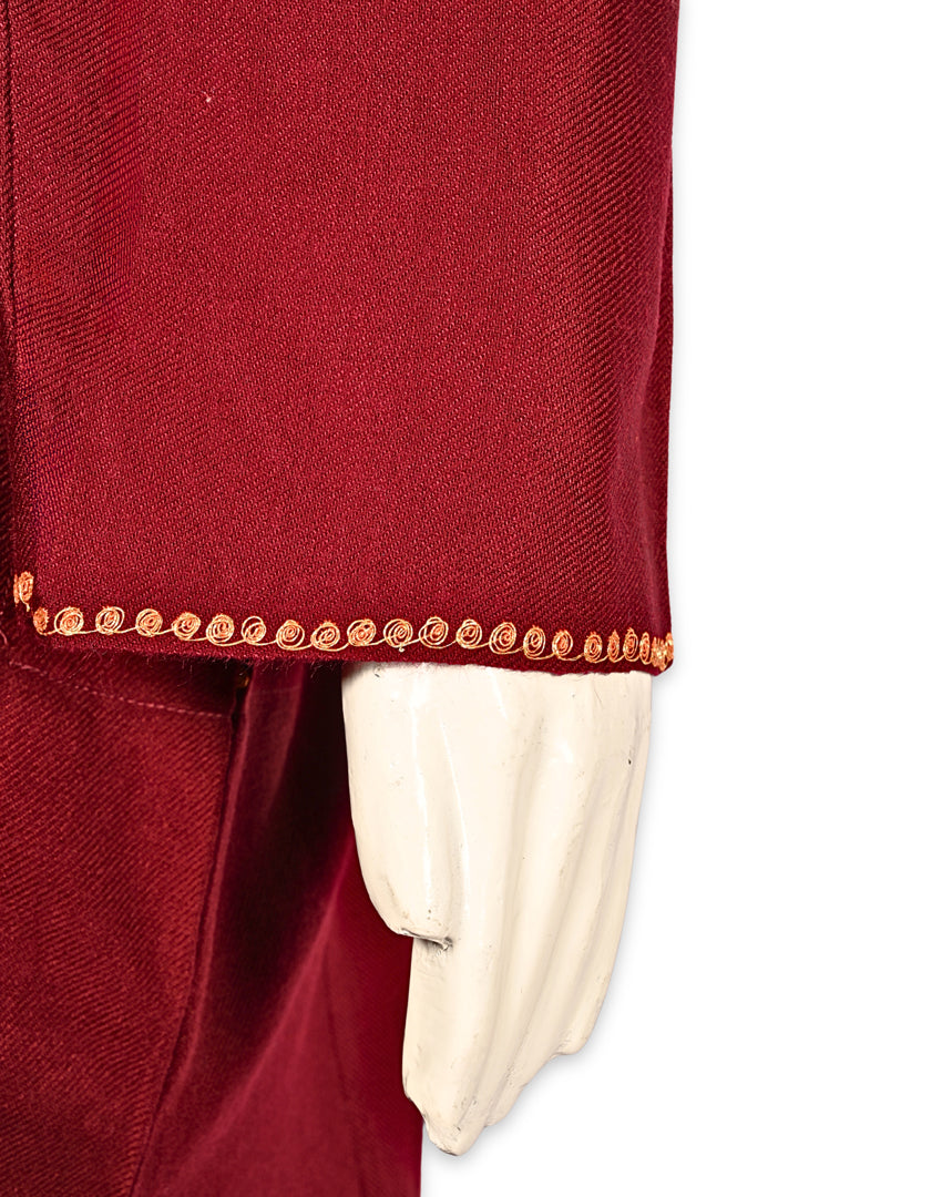 Deep Red Cashmilon Wool Zari Embroidered Kashmiri Pheran - Pehnava