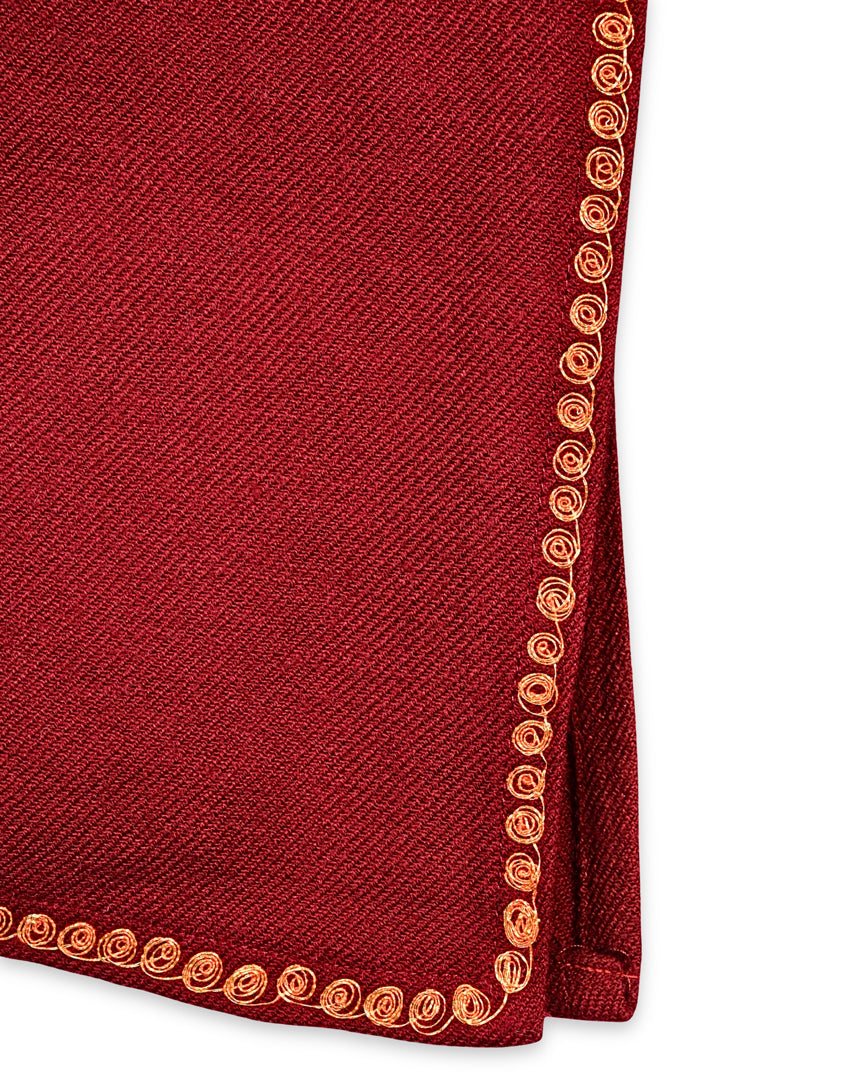 Deep Red Cashmilon Wool Zari Embroidered Kashmiri Pheran - Pehnava