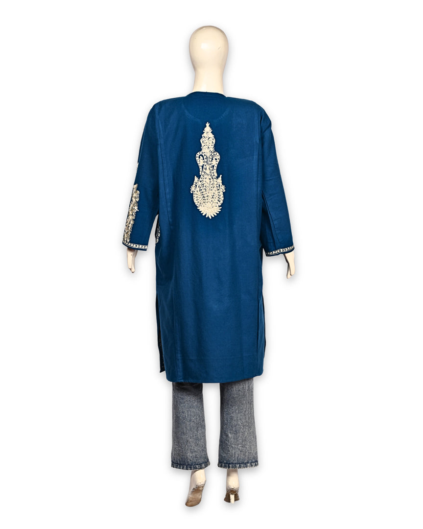 Regal Blue Cashmilon Wool Zari Embroidered Kashmiri Pheran - Pehnava