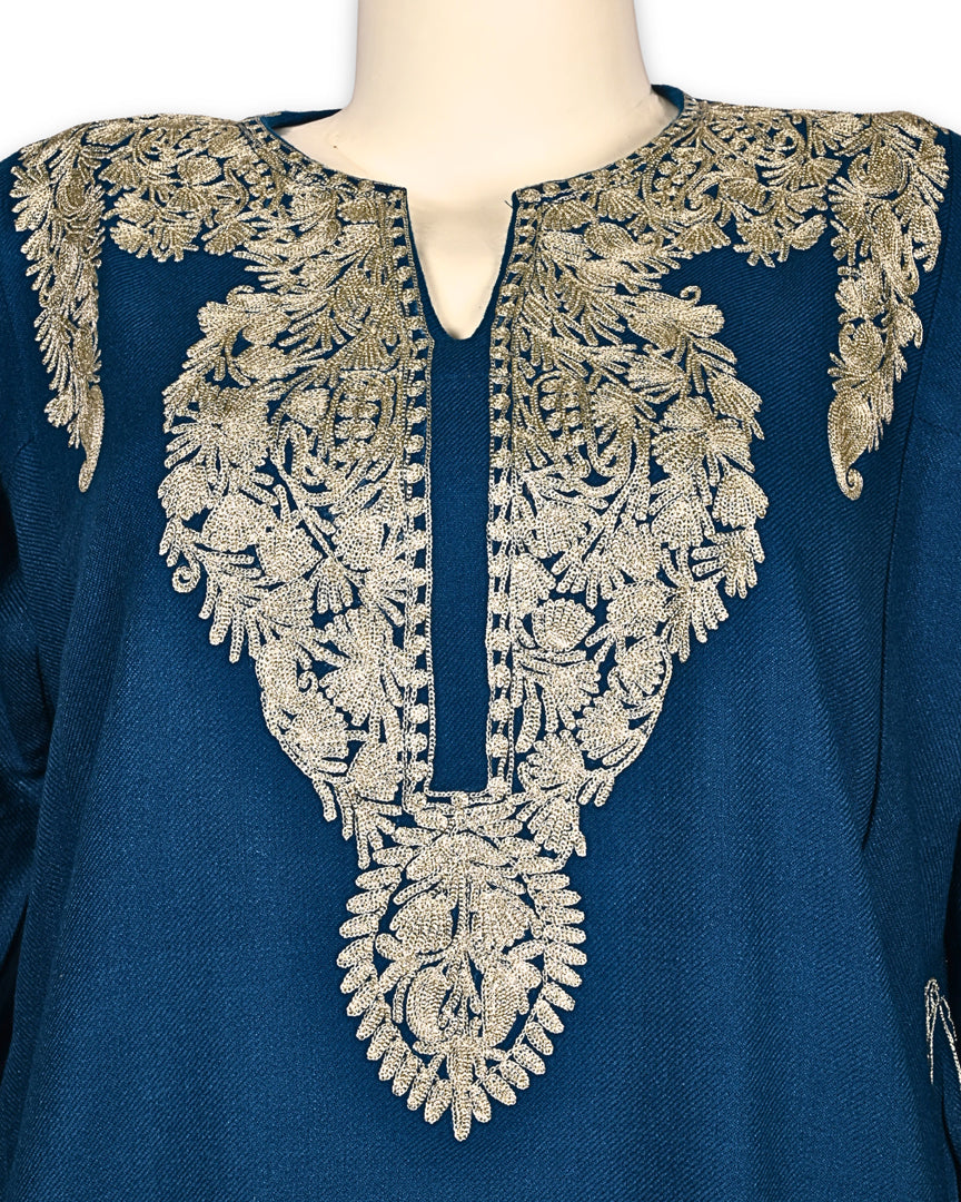 Regal Blue Cashmilon Wool Zari Embroidered Kashmiri Pheran - Pehnava