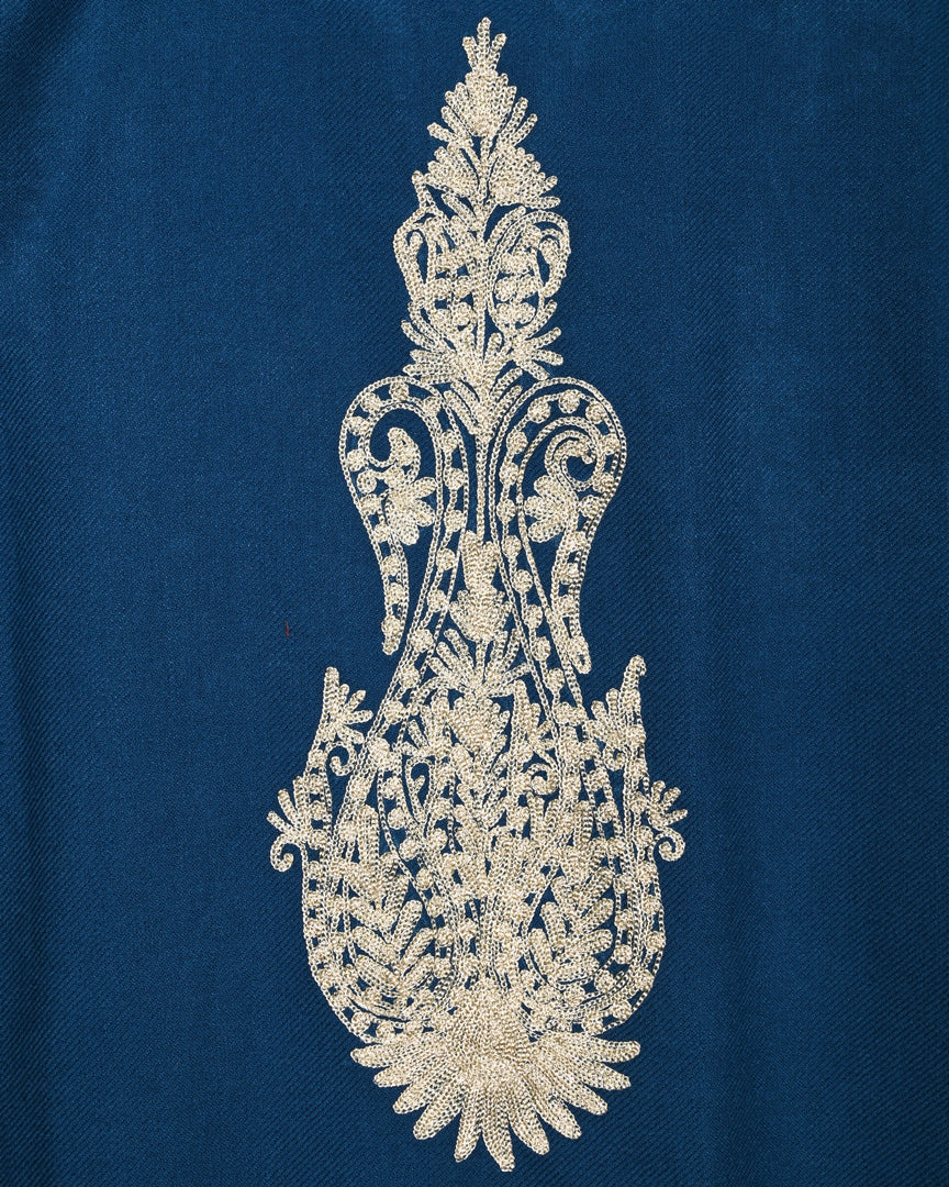Regal Blue Cashmilon Wool Zari Embroidered Kashmiri Pheran - Pehnava