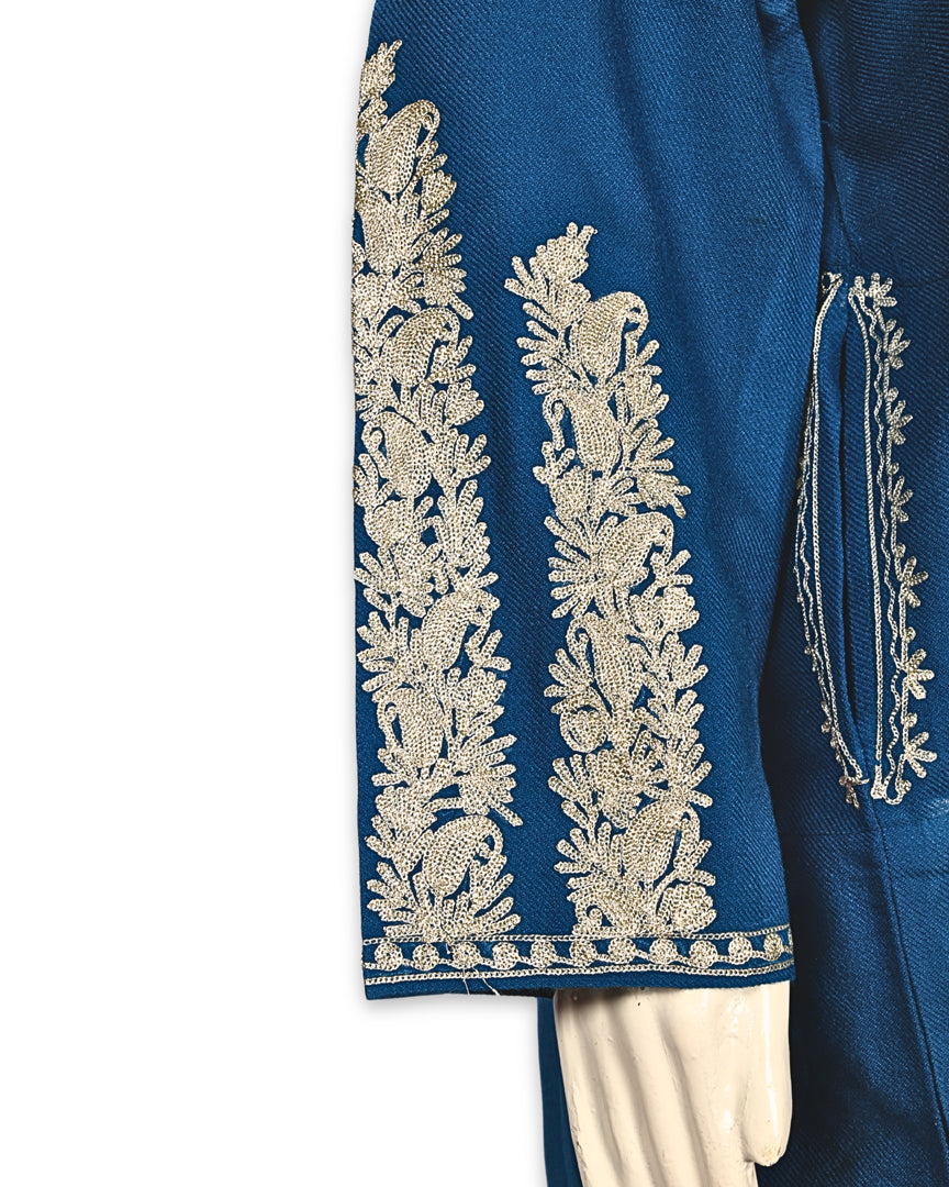 Regal Blue Cashmilon Wool Zari Embroidered Kashmiri Pheran - Pehnava