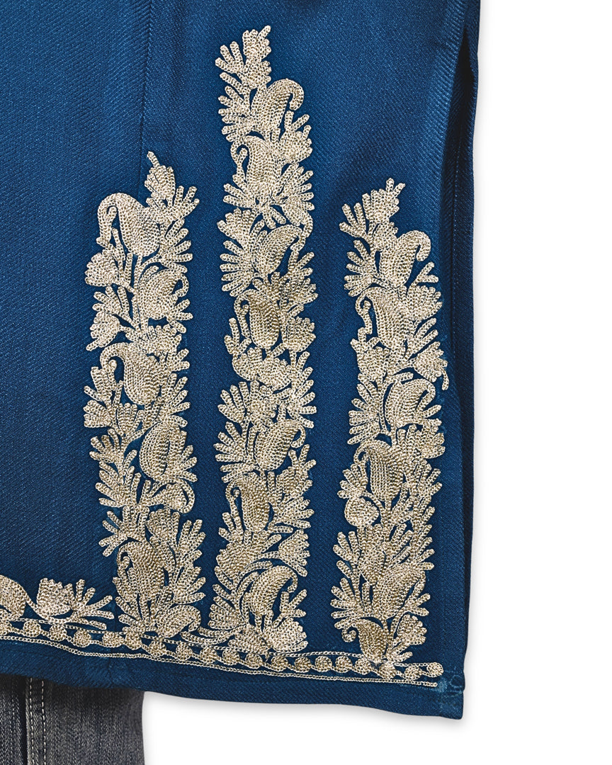 Regal Blue Cashmilon Wool Zari Embroidered Kashmiri Pheran - Pehnava