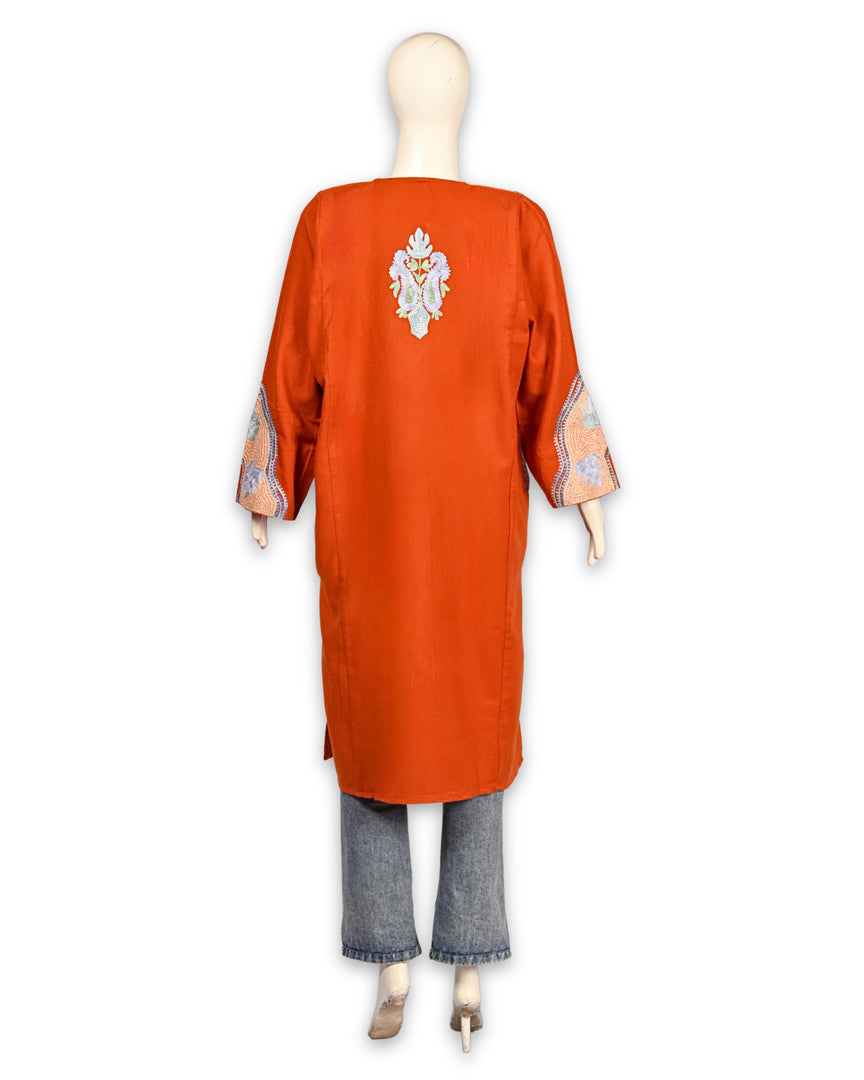 International Orange Cashmilon Wool Aari Embroidered Kashmiri Pheran - Pehnava