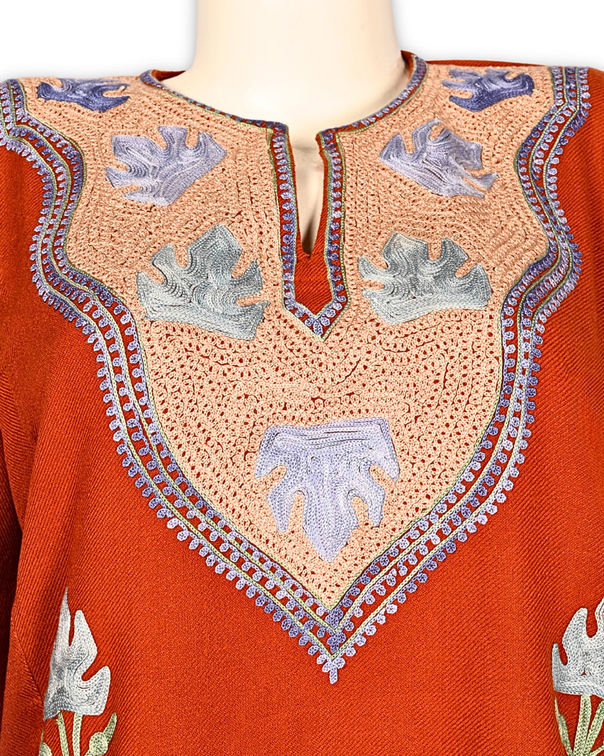 International Orange Cashmilon Wool Aari Embroidered Kashmiri Pheran - Pehnava