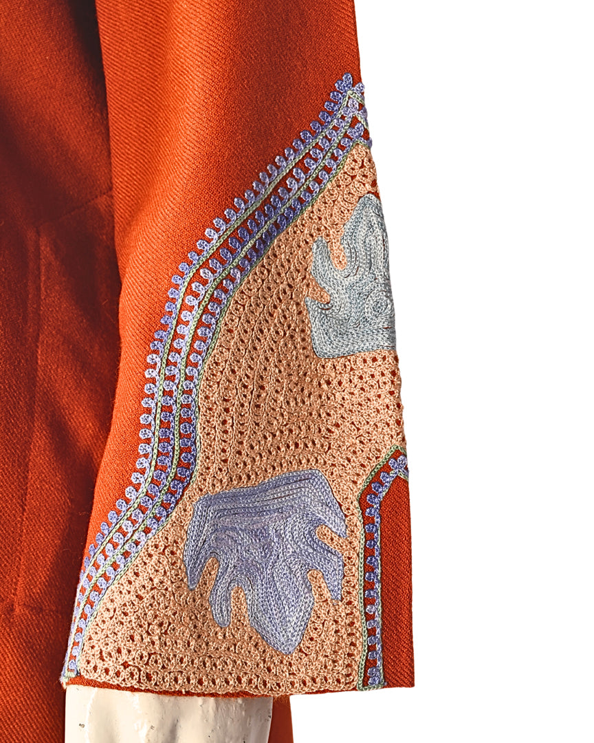 International Orange Cashmilon Wool Aari Embroidered Kashmiri Pheran - Pehnava