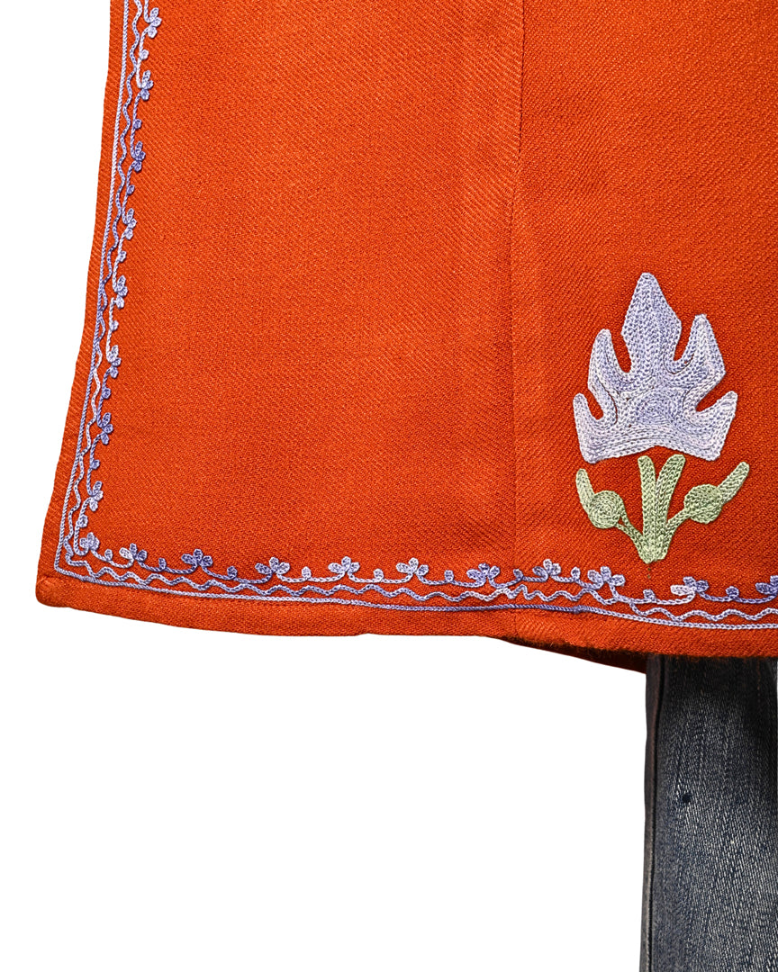 International Orange Cashmilon Wool Aari Embroidered Kashmiri Pheran - Pehnava
