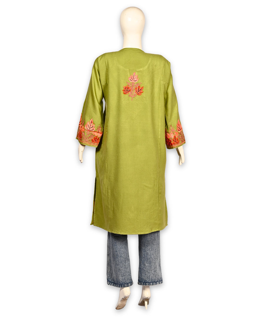 Avocado Green Cashmilon Wool Aari Embroidered Kashmiri Pheran - Pehnava