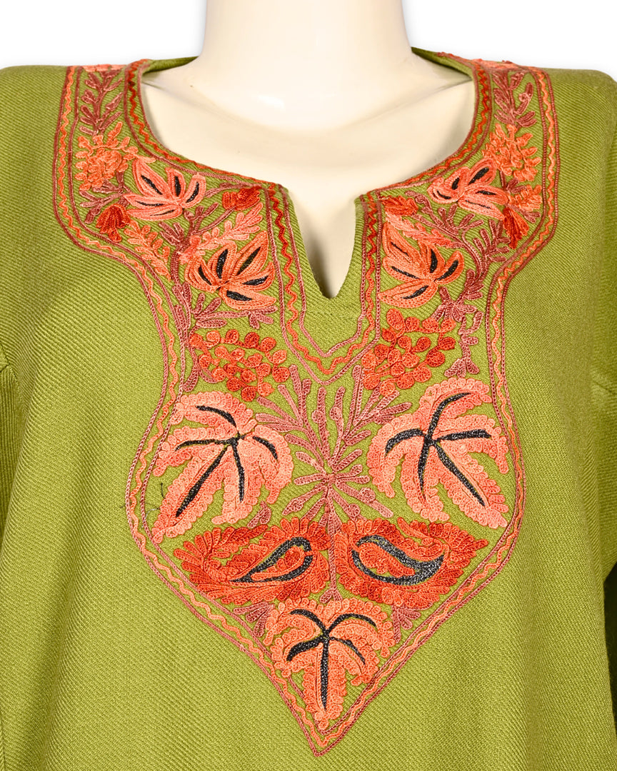Avocado Green Cashmilon Wool Aari Embroidered Kashmiri Pheran - Pehnava