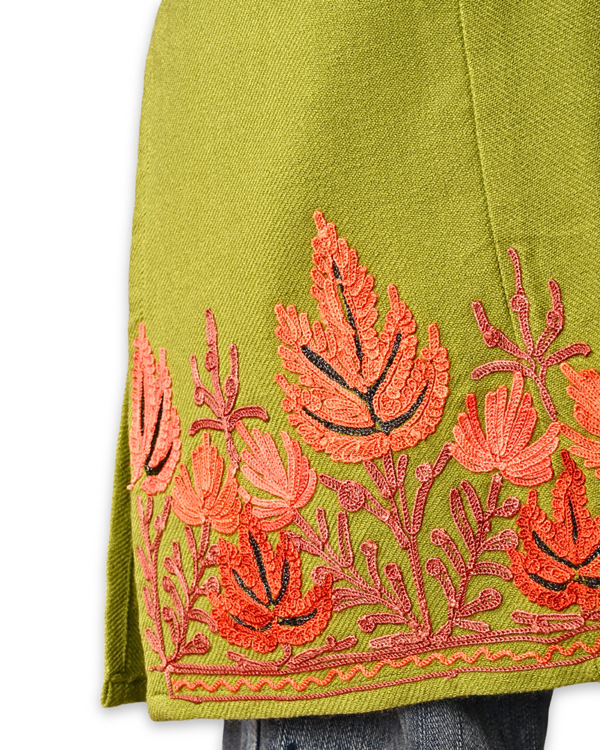 Avocado Green Cashmilon Wool Aari Embroidered Kashmiri Pheran - Pehnava