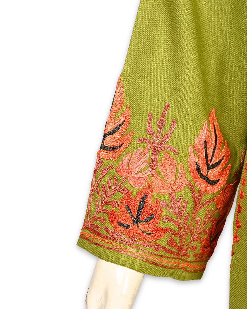 Avocado Green Cashmilon Wool Aari Embroidered Kashmiri Pheran - Pehnava