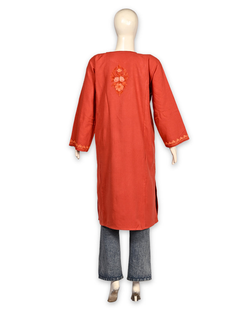 Carmine Peach Cashmilon Wool Aari Embroidered Kashmiri Pheran - Pehnava
