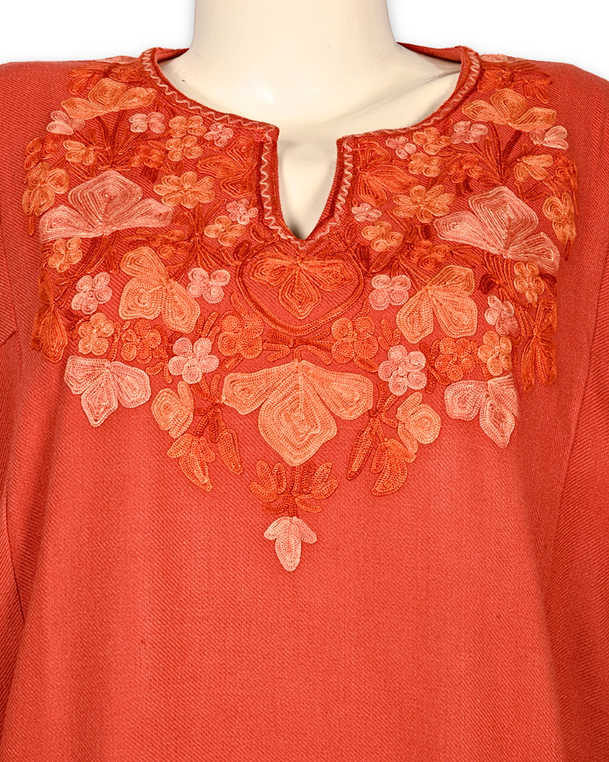 Carmine Peach Cashmilon Wool Aari Embroidered Kashmiri Pheran - Pehnava