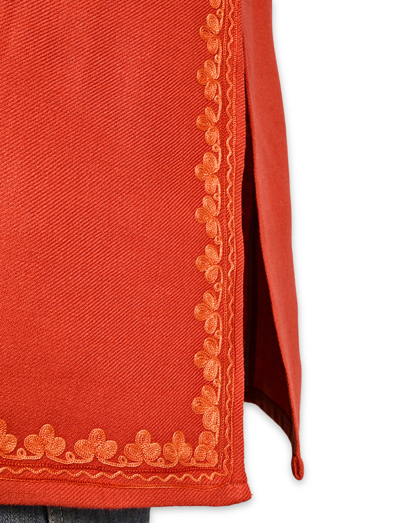Carmine Peach Cashmilon Wool Aari Embroidered Kashmiri Pheran - Pehnava