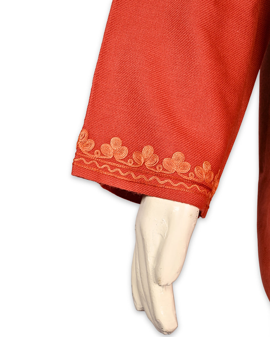 Carmine Peach Cashmilon Wool Aari Embroidered Kashmiri Pheran - Pehnava