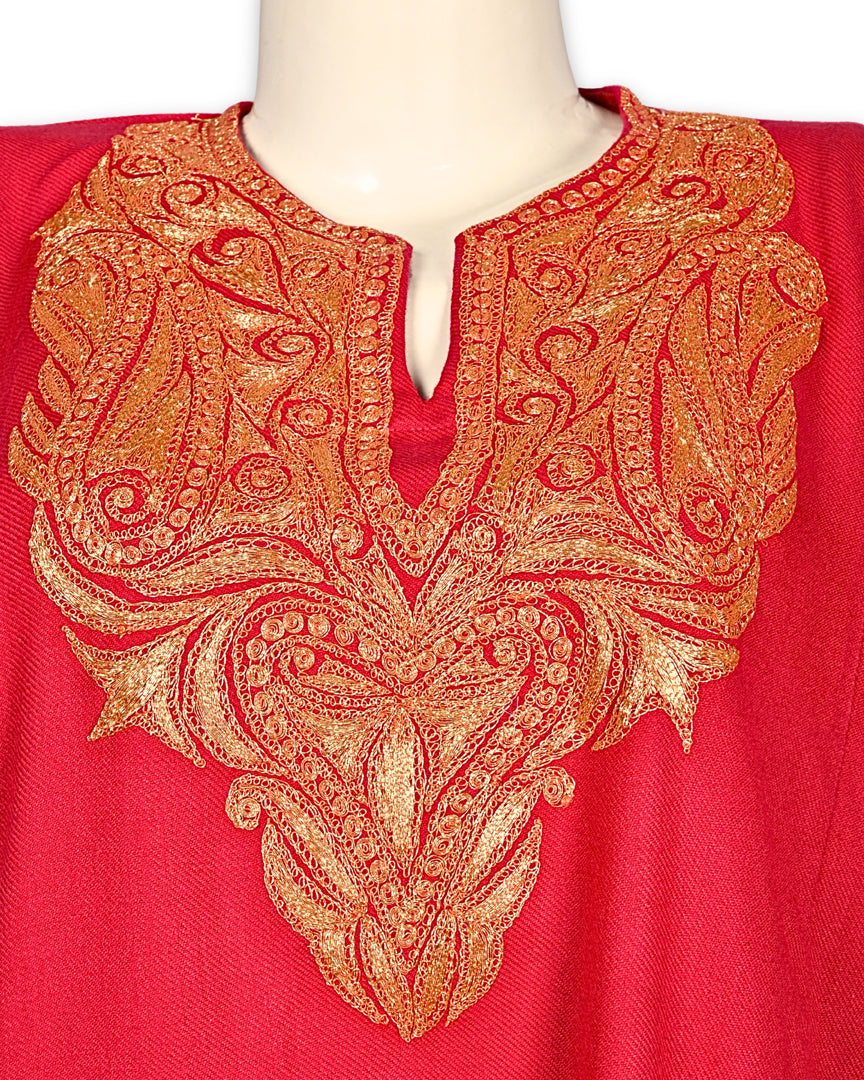 Strawberry Pink Cashmilon Wool Zari Embroidered Kashmiri Pheran - Pehnava