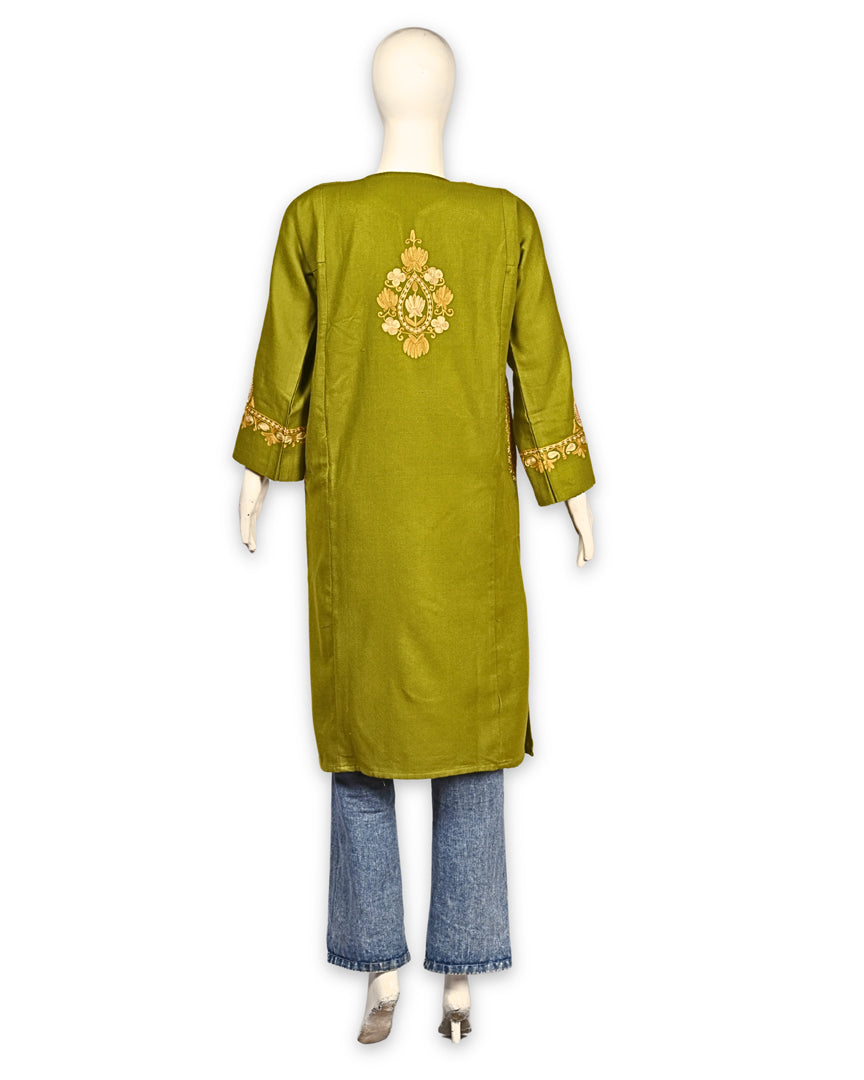 Citron Green Cashmilon Wool Zari & Aari Embroidered Kashmiri Pheran - Pehnava