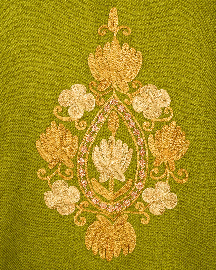 Citron Green Cashmilon Wool Zari & Aari Embroidered Kashmiri Pheran - Pehnava