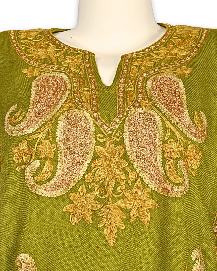 Citron Green Cashmilon Wool Zari & Aari Embroidered Kashmiri Pheran - Pehnava