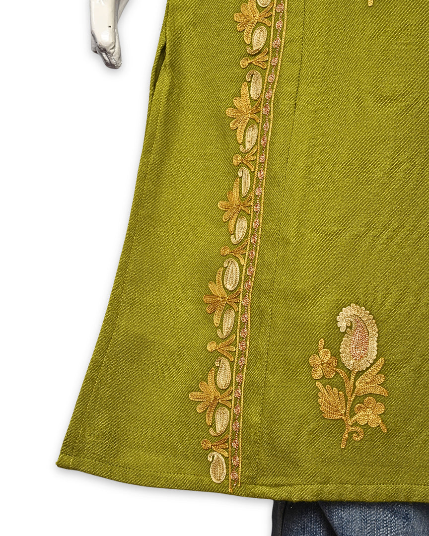 Citron Green Cashmilon Wool Zari & Aari Embroidered Kashmiri Pheran - Pehnava