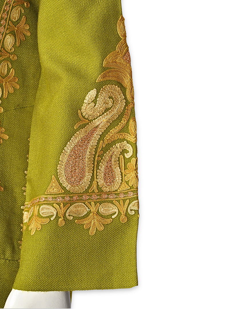 Citron Green Cashmilon Wool Zari & Aari Embroidered Kashmiri Pheran - Pehnava