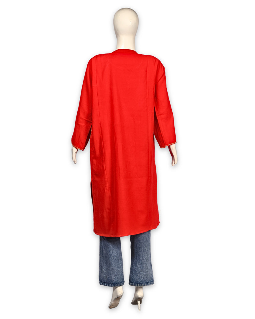 Tomato Red Cashmilon Wool Zari Embroidered Kashmiri Pheran - Pehnava