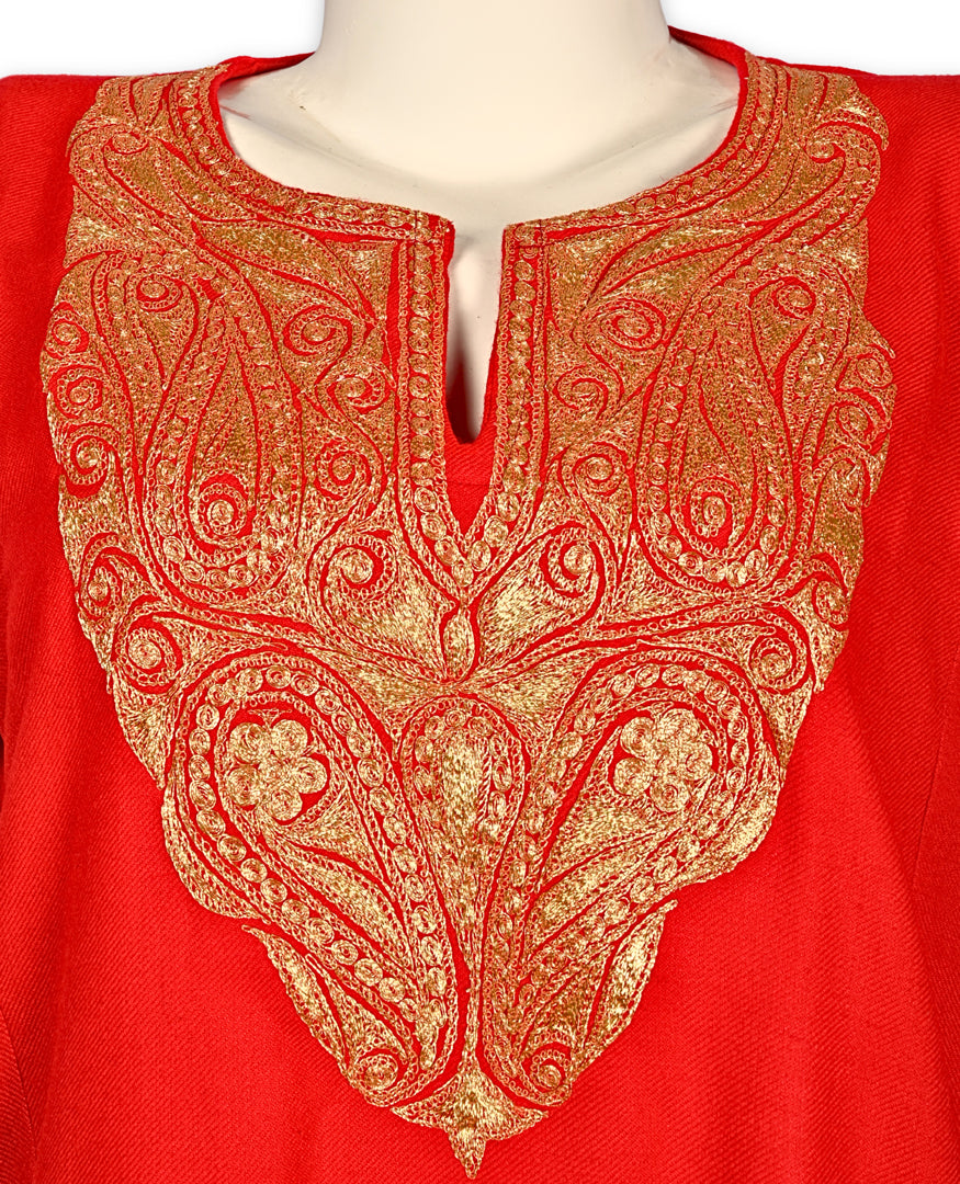 Tomato Red Cashmilon Wool Zari Embroidered Kashmiri Pheran - Pehnava