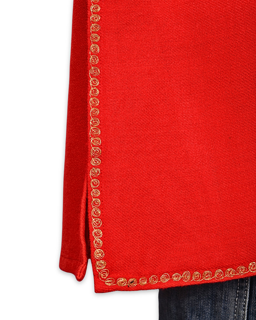Tomato Red Cashmilon Wool Zari Embroidered Kashmiri Pheran - Pehnava