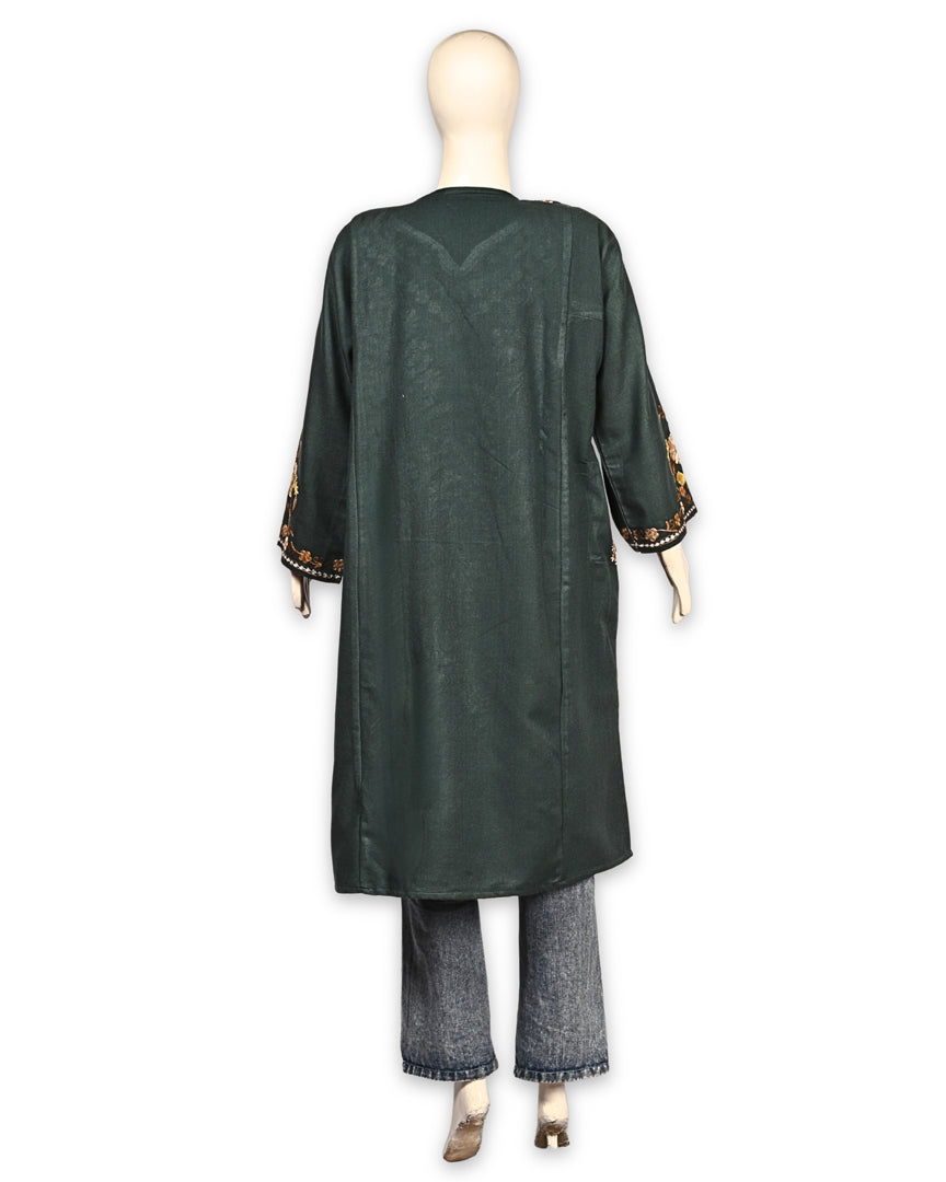 Forest Green Cashmilon Wool Aari Embroidered Kashmiri Pheran - Pehnava