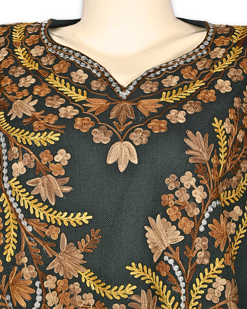 Forest Green Cashmilon Wool Aari Embroidered Kashmiri Pheran - Pehnava