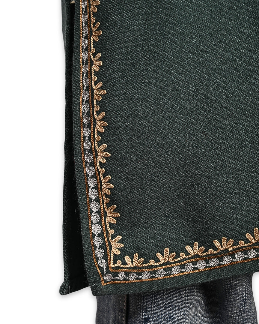 Forest Green Cashmilon Wool Aari Embroidered Kashmiri Pheran - Pehnava