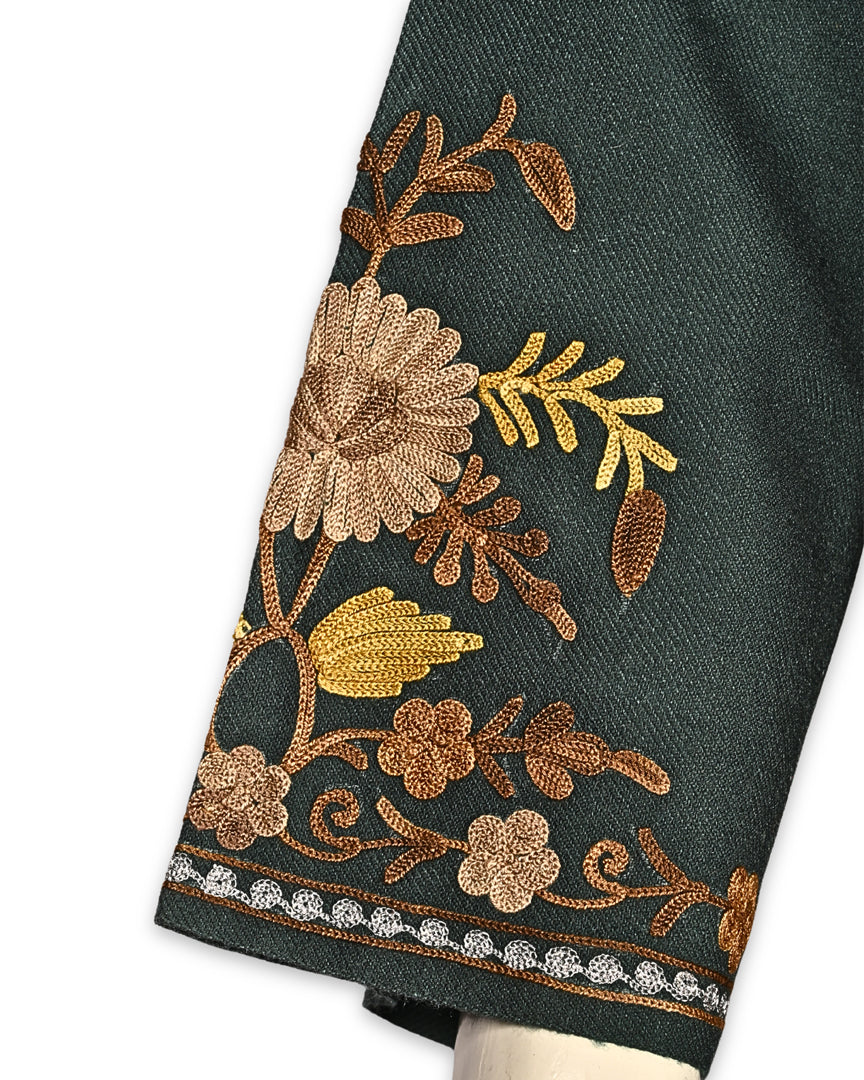 Forest Green Cashmilon Wool Aari Embroidered Kashmiri Pheran - Pehnava