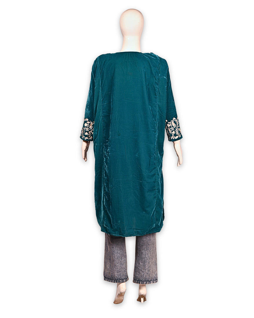Teal Blue Makhmal Zari Embroidered Kashmiri Pheran - Pehnava