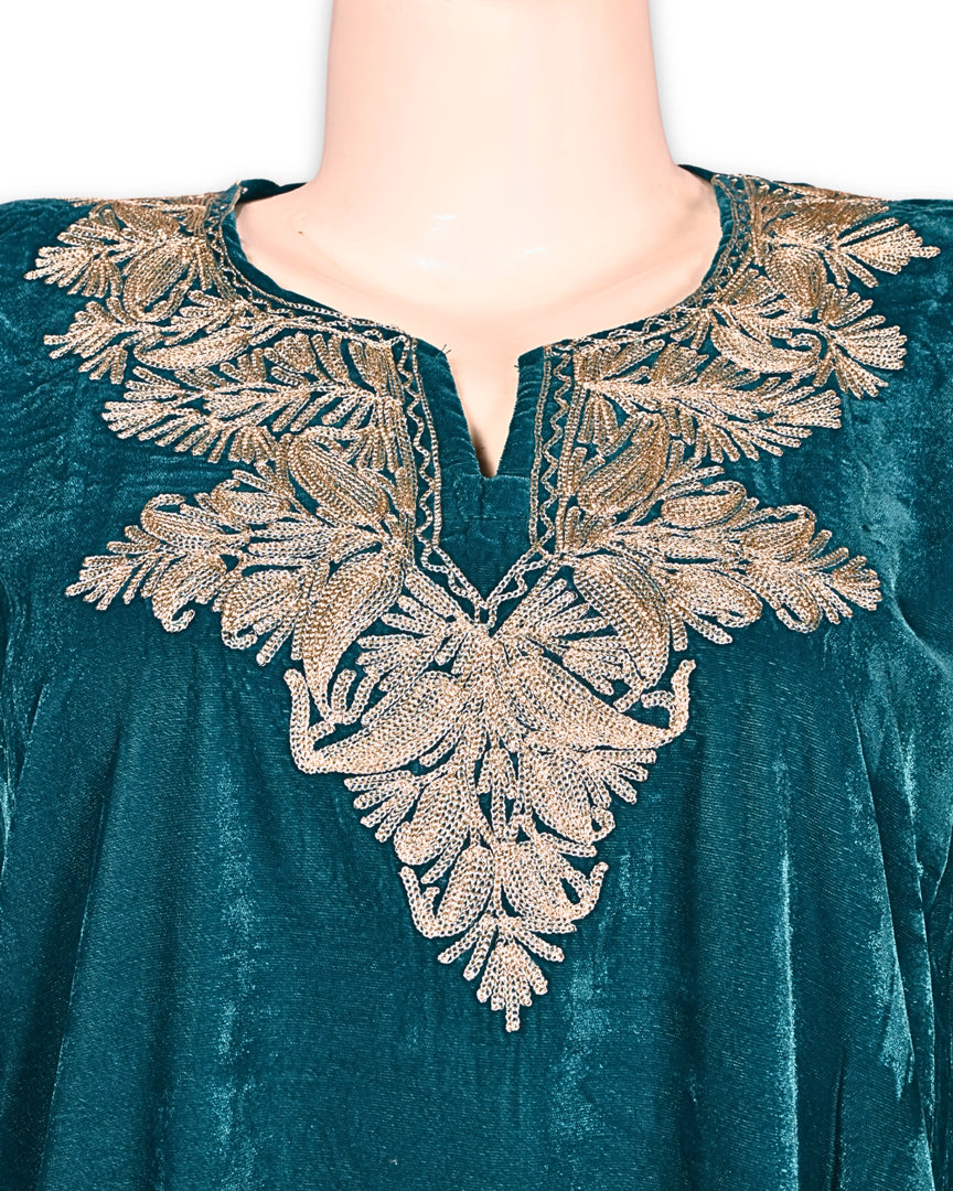 Teal Blue Makhmal Zari Embroidered Kashmiri Pheran - Pehnava