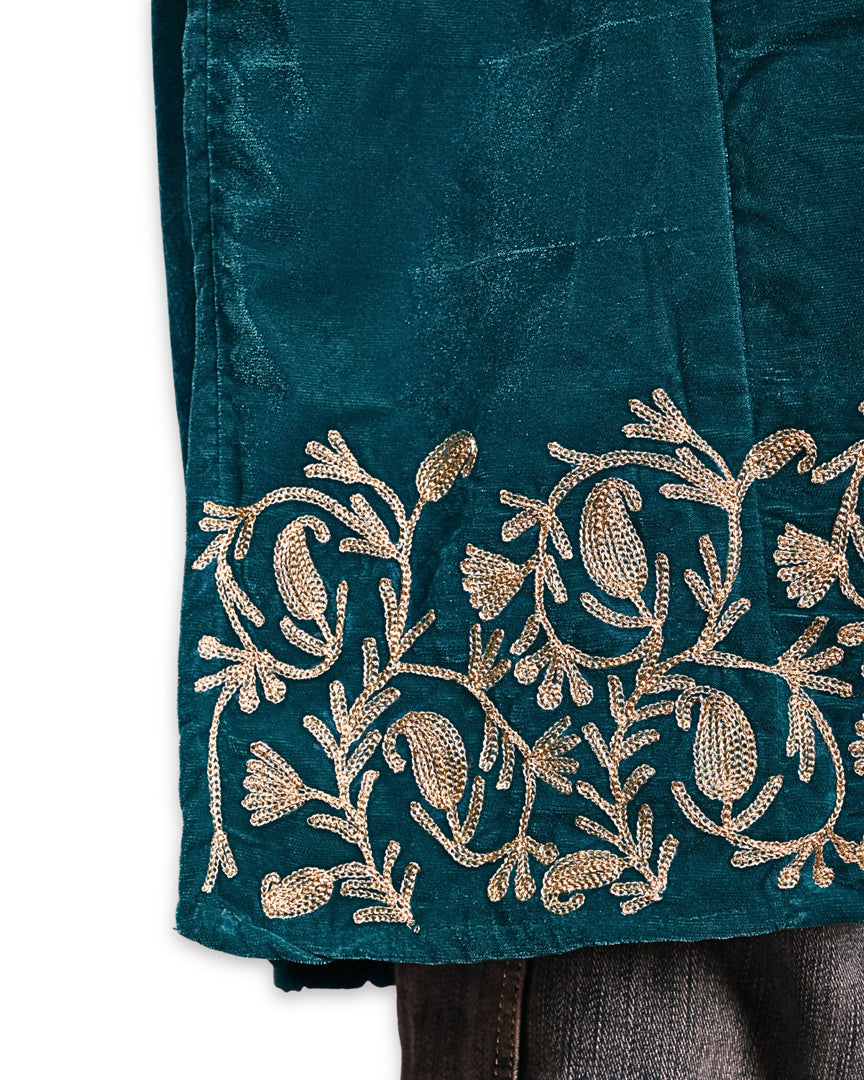 Teal Blue Makhmal Zari Embroidered Kashmiri Pheran - Pehnava