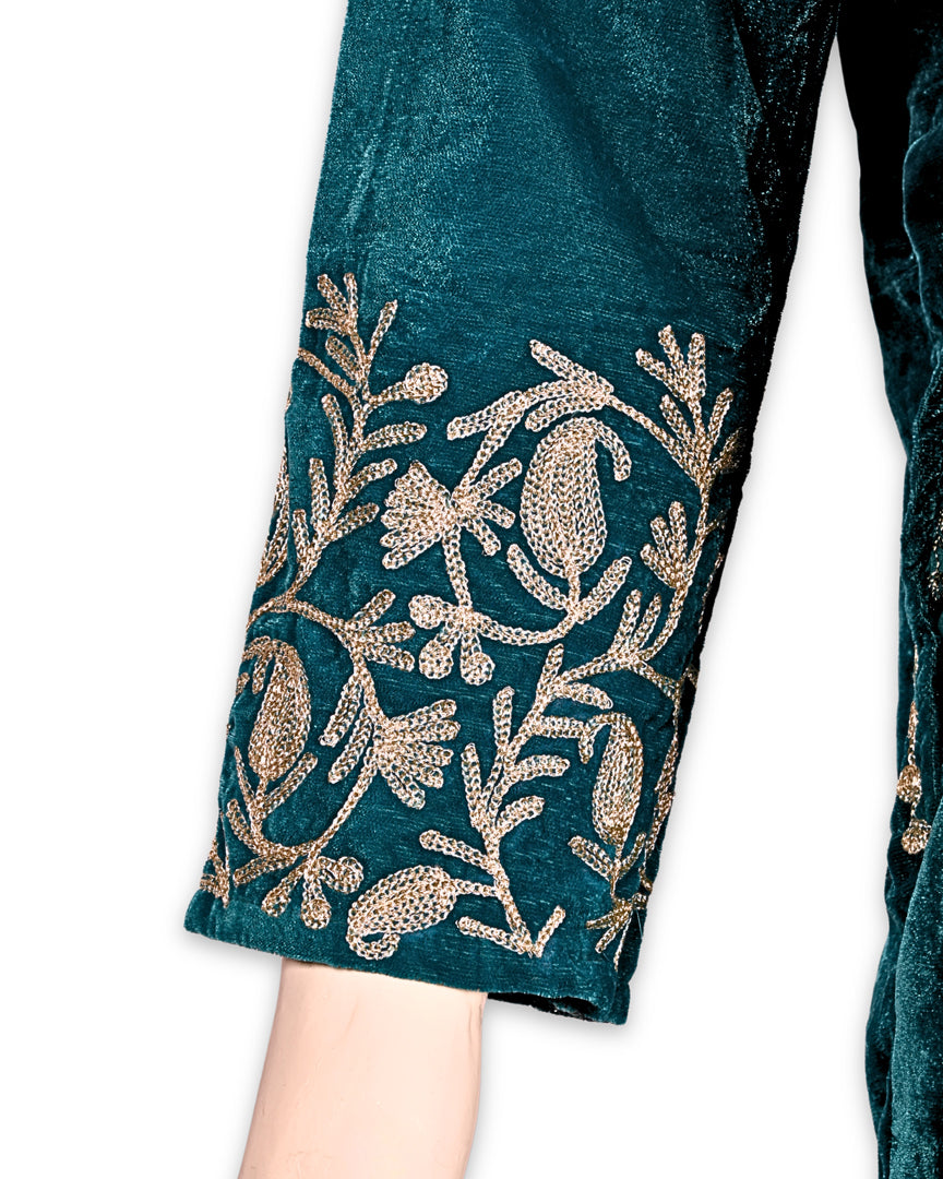 Teal Blue Makhmal Zari Embroidered Kashmiri Pheran - Pehnava