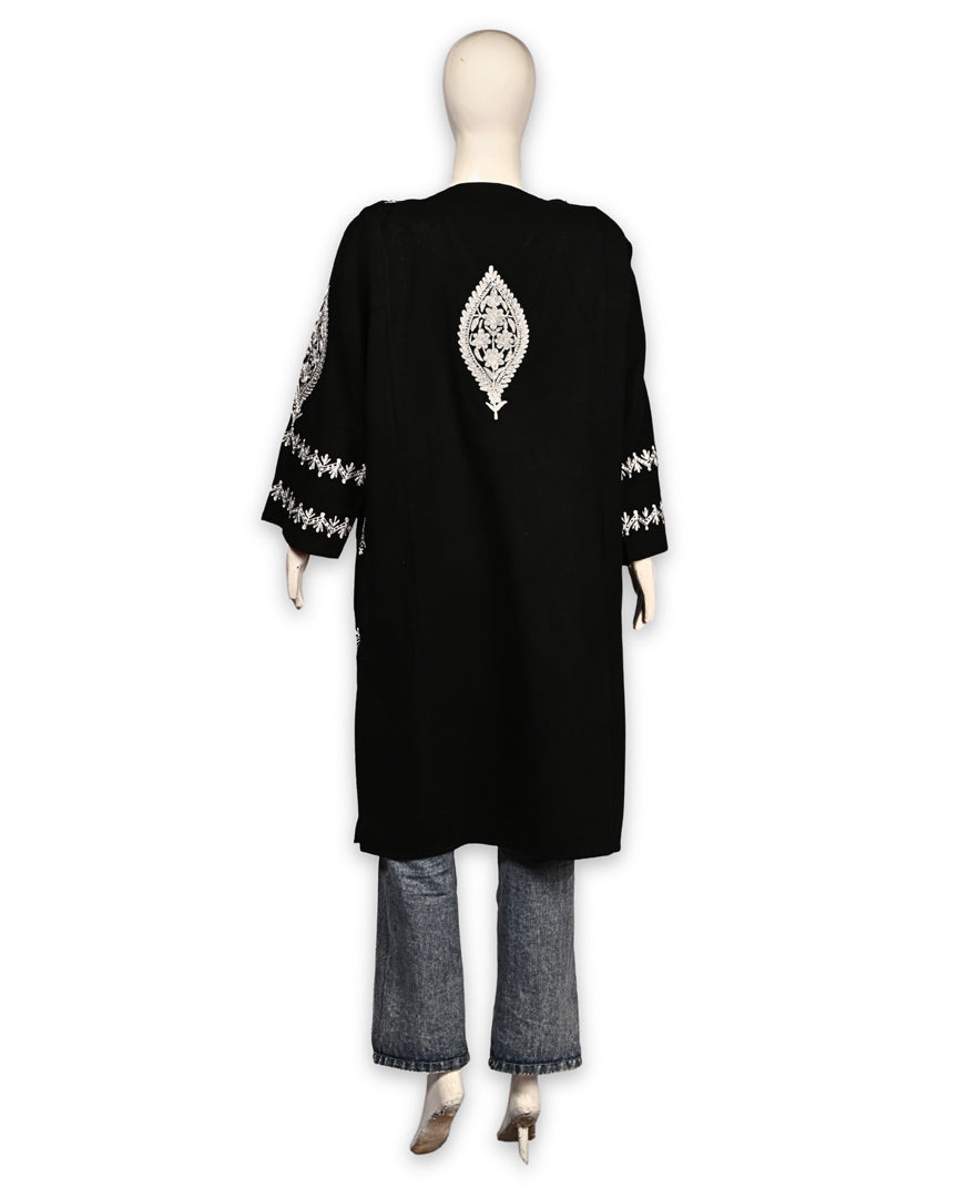 Jet Black Cashmilon Wool Zari Embroidered Kashmiri Pheran - Pehnava