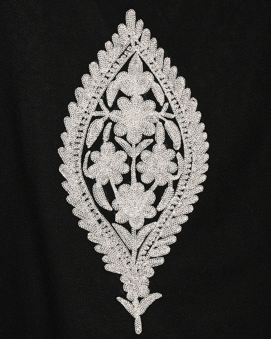 Jet Black Cashmilon Wool Zari Embroidered Kashmiri Pheran - Pehnava