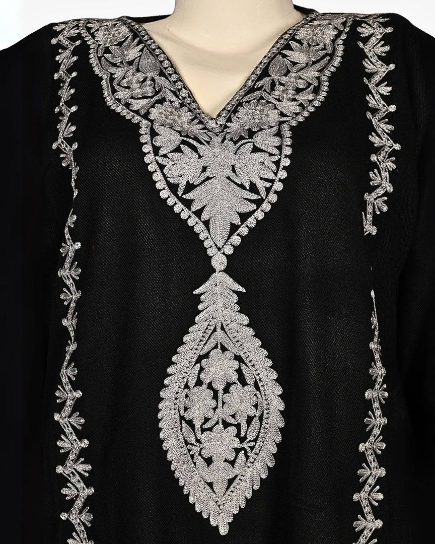 Jet Black Cashmilon Wool Zari Embroidered Kashmiri Pheran - Pehnava