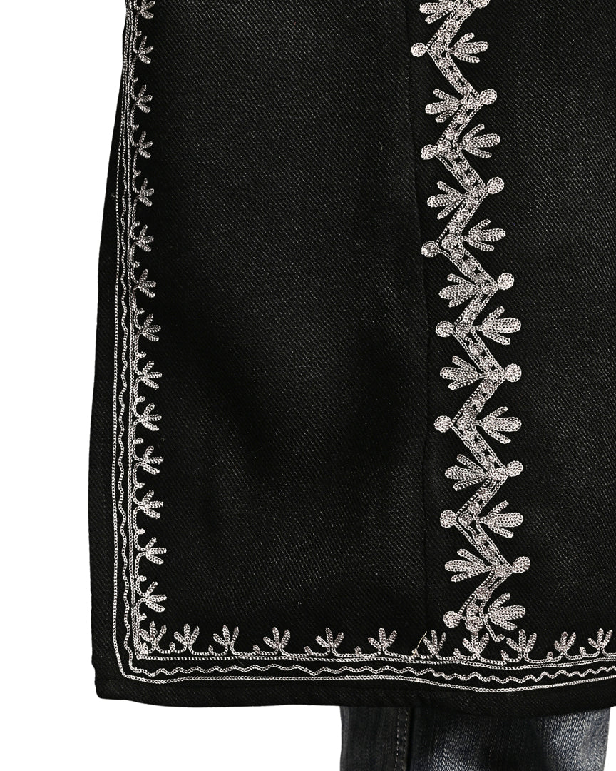 Jet Black Cashmilon Wool Zari Embroidered Kashmiri Pheran - Pehnava