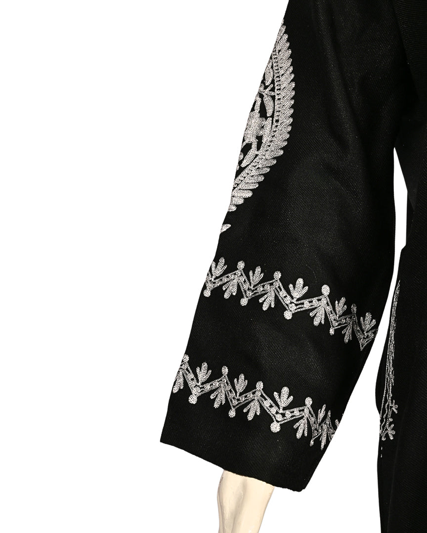 Jet Black Cashmilon Wool Zari Embroidered Kashmiri Pheran - Pehnava